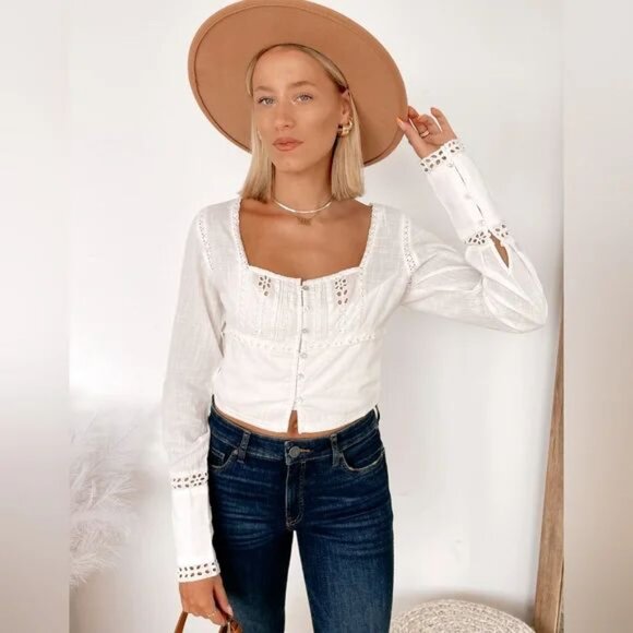 FREE PEOPLE Joi Eyelet Cropped Blouse White - Picture 2 of 9